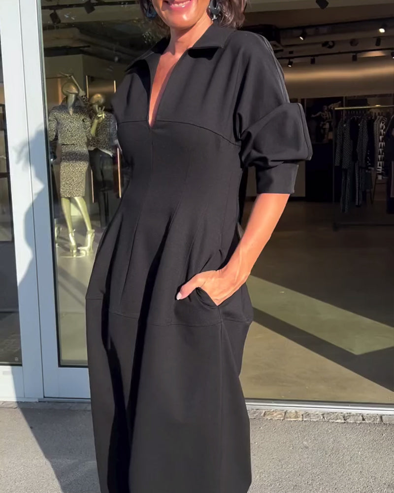 Black Collared V-Neck Puff Sleeve Pocket Cocoon Midi Dress 2