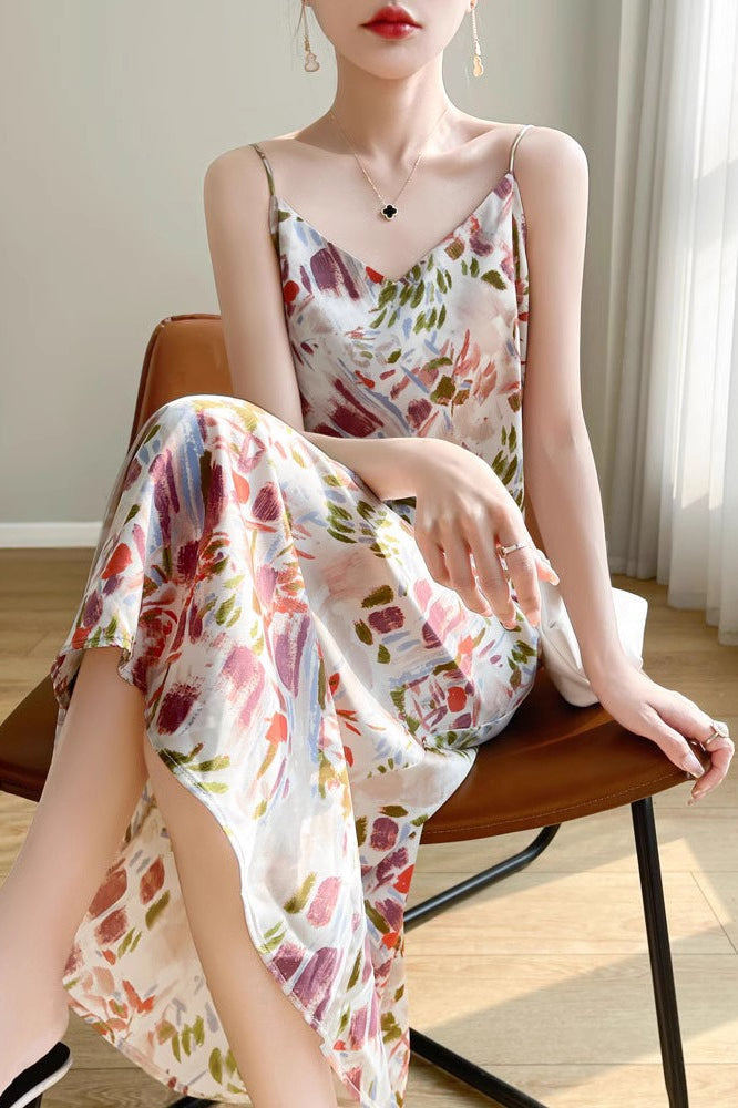 Printed VNeck Satin Cami Maxi Silk Dress