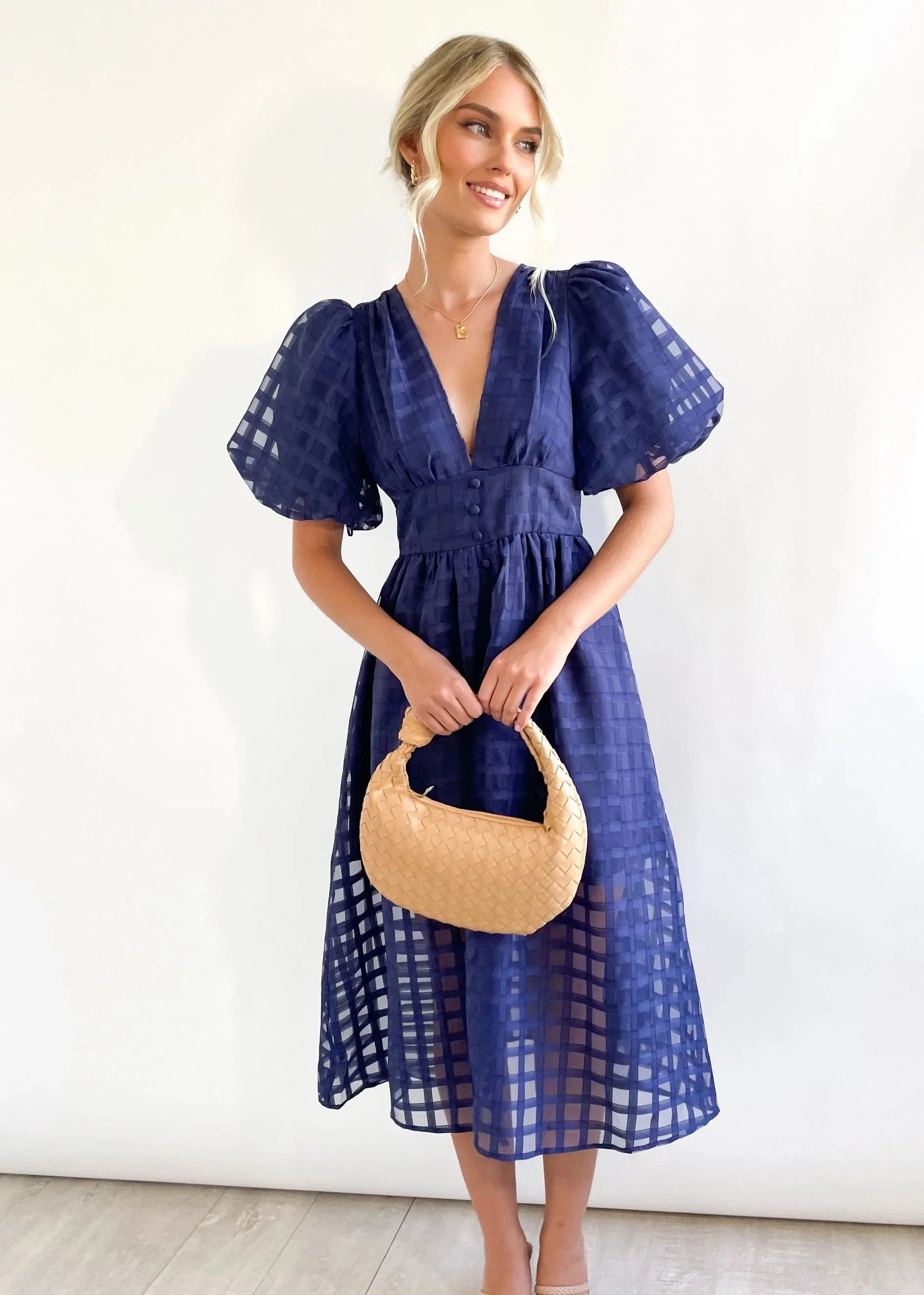Beautiful square pattern fabric puff sleeve midi