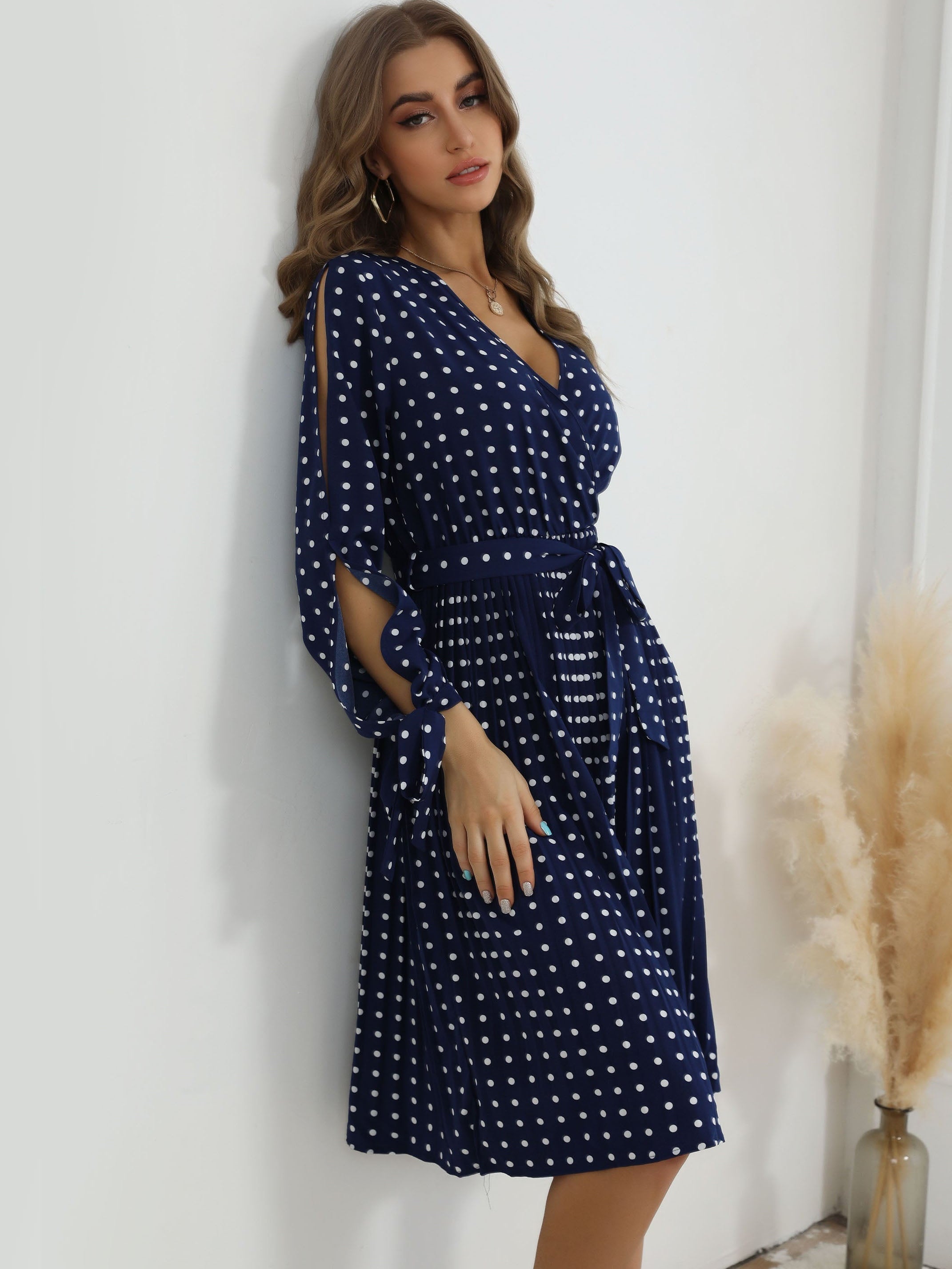 V-neck pleated Blue Polka Dot Dress