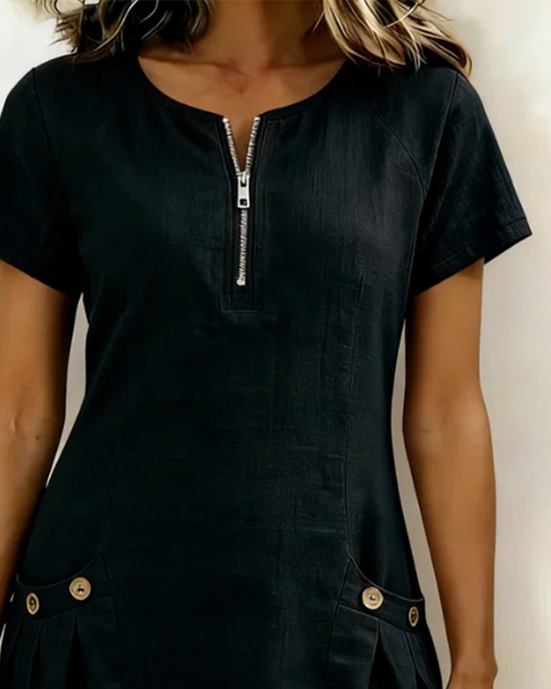 Round Neck Zip Front Short Sleeve Pocket Shift Mini Dress 7
