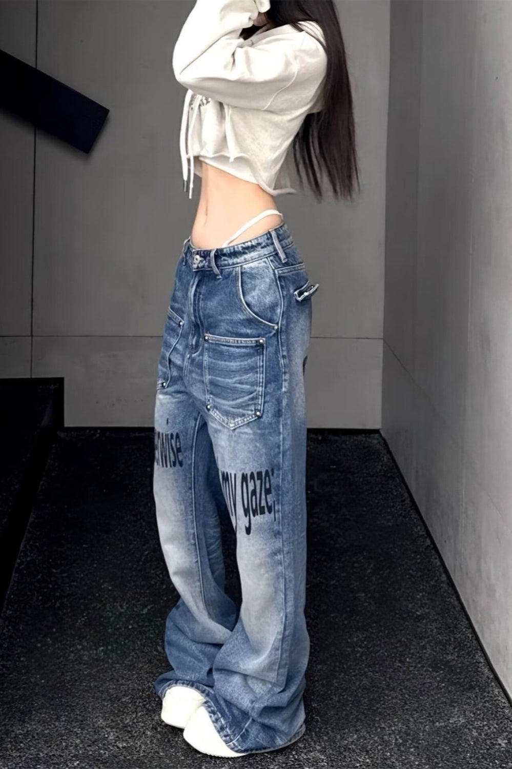 Premium Graphic Print Blue Stretch Slim Flare Jeans
