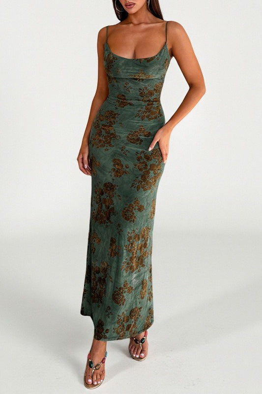 Green Spaghetti Strap V Neck Backless Floral Print Bodycon Maxi Dress 5