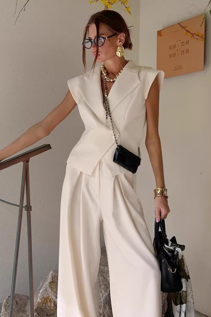 Sleeveless Lapel Two Piece Work Set