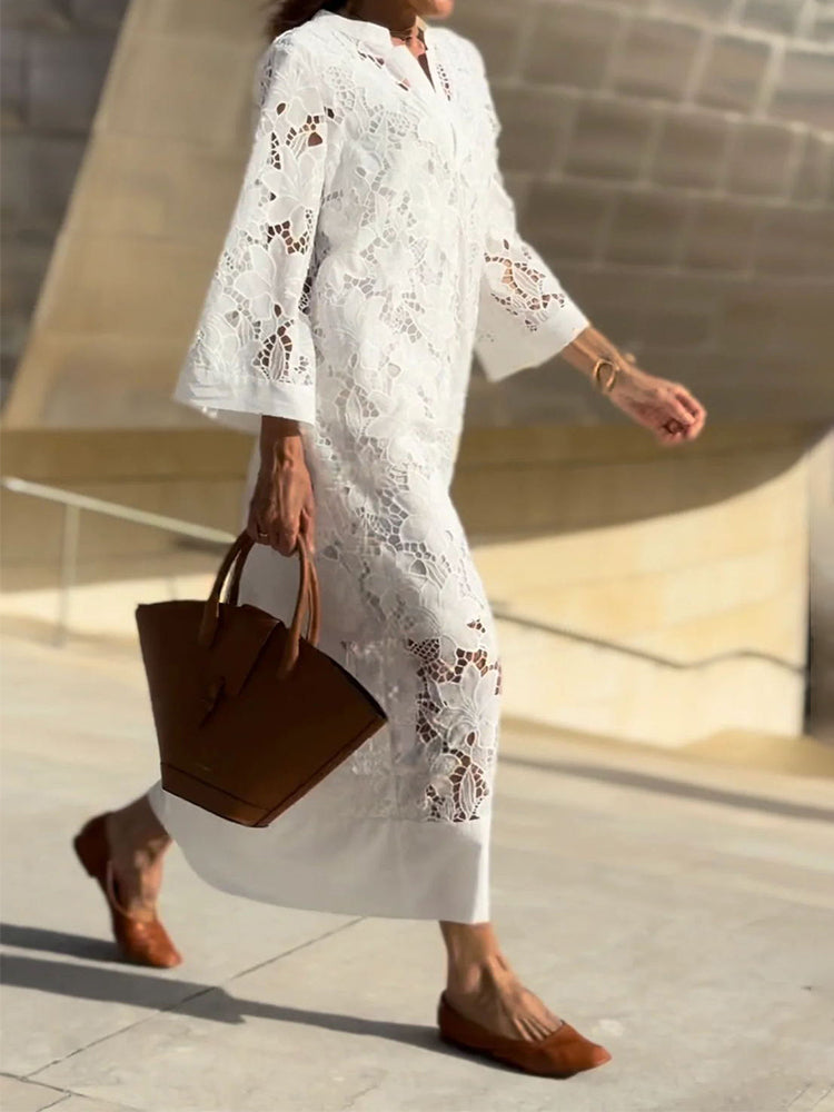 Notch V-Neck Floral Guipure Lace Three Quarter Sleeve Shift Maxi Dress 16