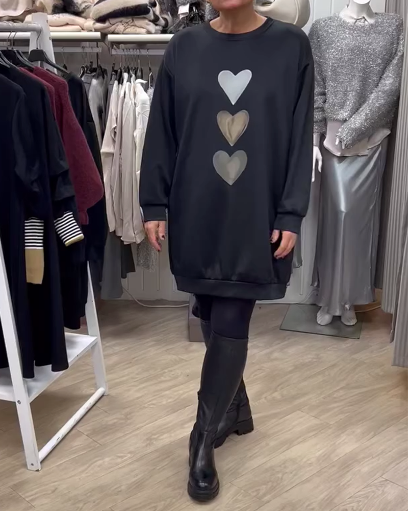 Black Round Neck Heart Print Long Sleeve Sweatshirt Mini Dress