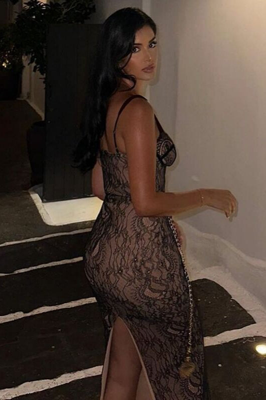 Lace Cami Ruched Maxi Party Dress
