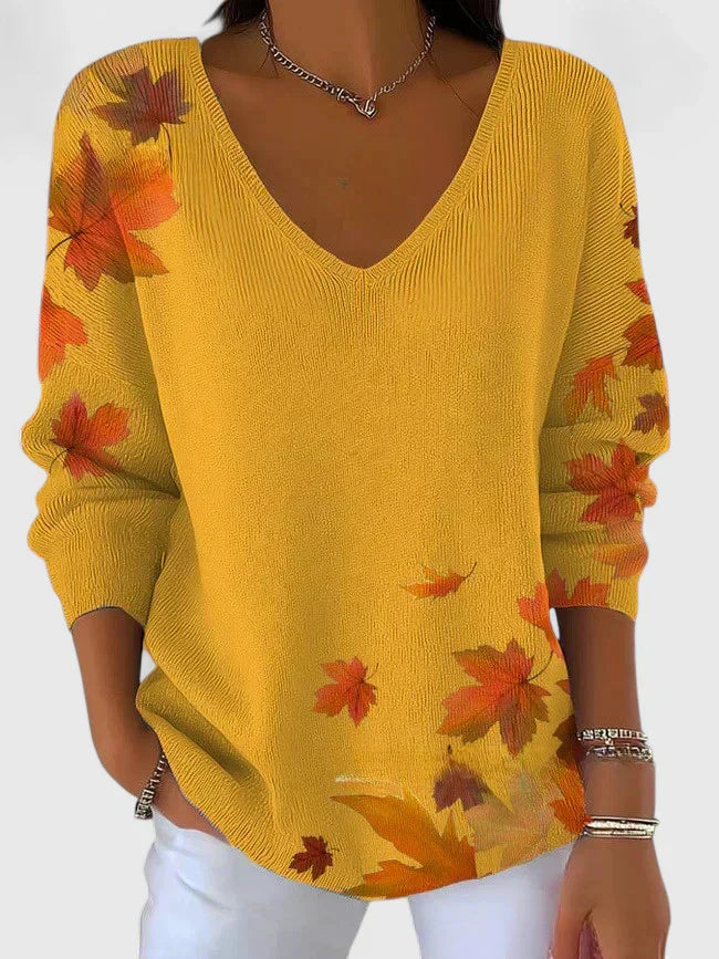 V-Neck Maple Leaf Print Long Sleeve Knit Sweater
