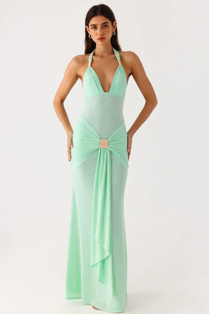Deep V Halter Backless Sash Bodycon Party Dress