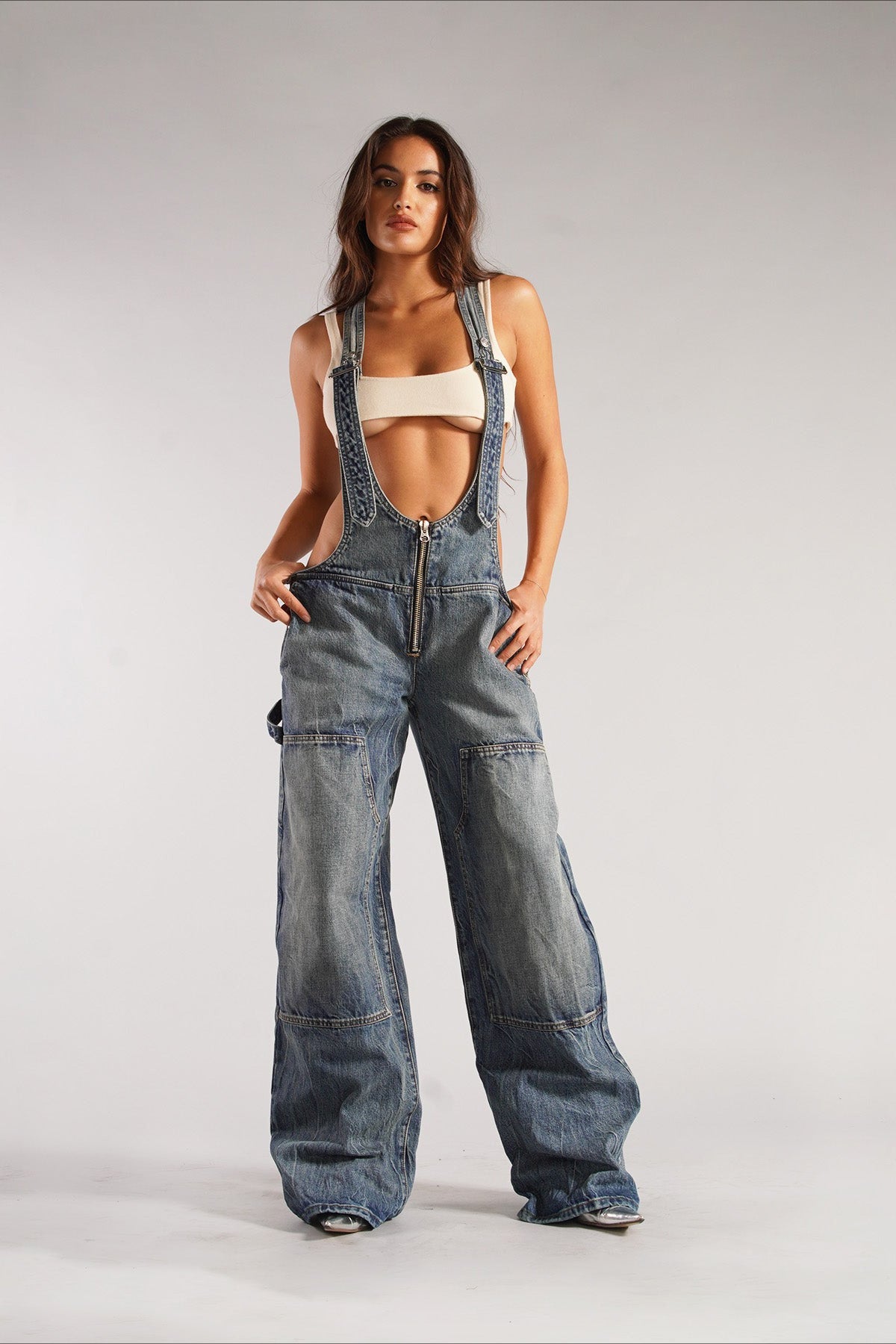 Street Style Low-Rise Suspender Wide-Leg Jeans