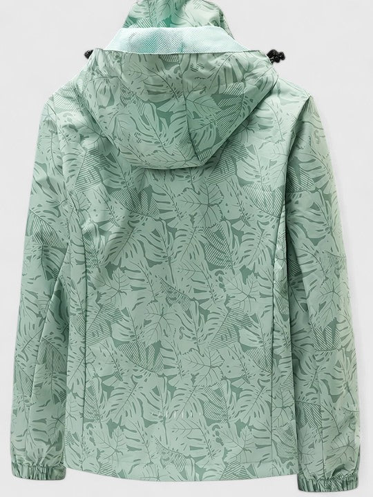 Hooded Tropical Leaf Print Zip Front Long Sleeve Windbreaker Jacket