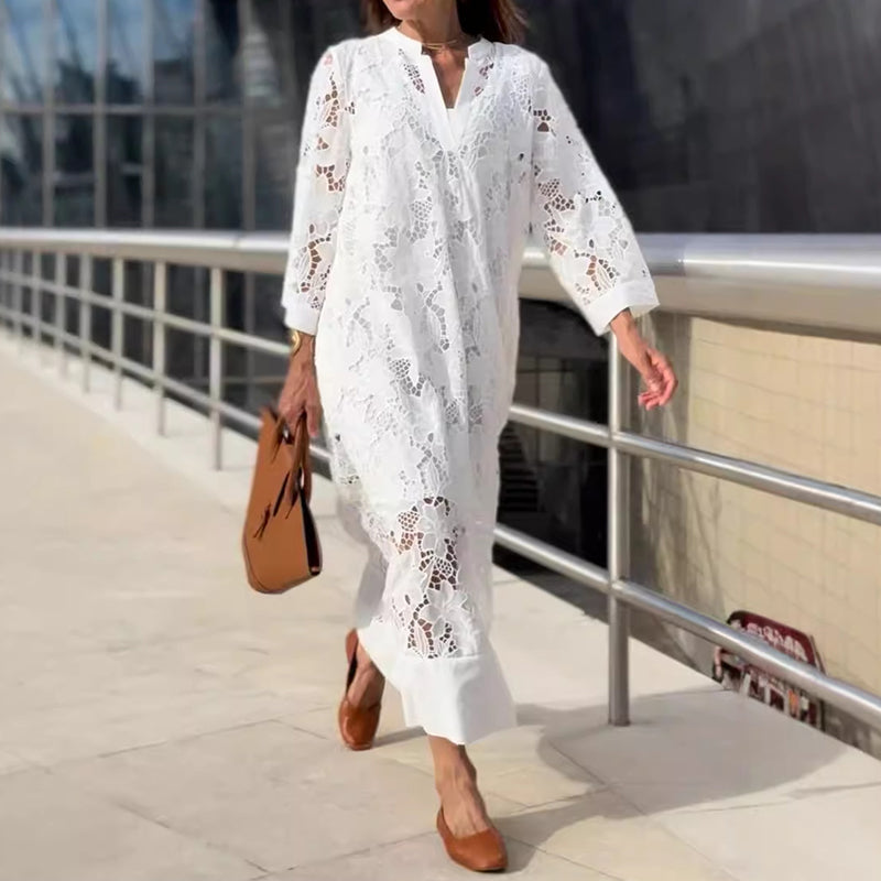 Notch V-Neck Floral Guipure Lace Three Quarter Sleeve Shift Maxi Dress 12