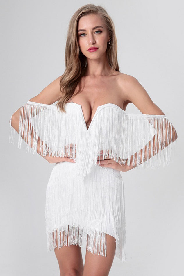 V-Neck Backless Tassel Bodycon Party Dress