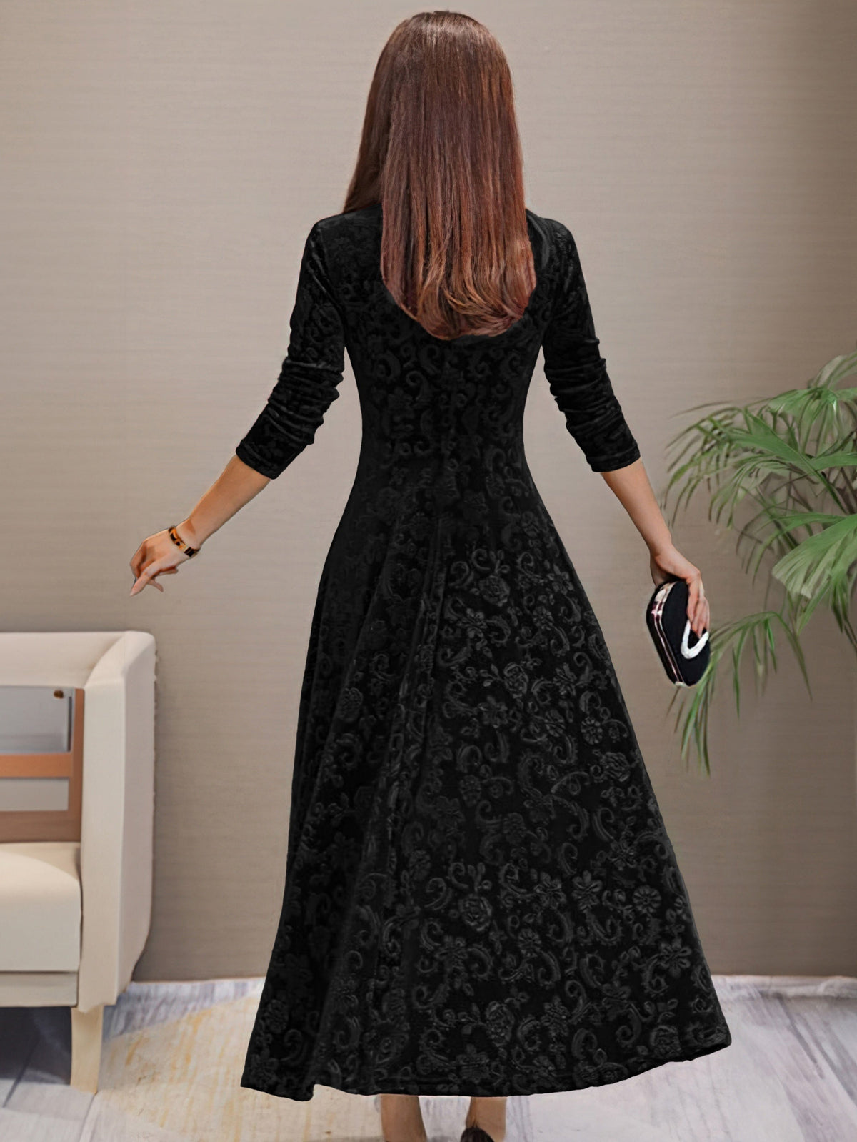 V-Neck Floral Burnout Velvet Long Sleeve A-Line Maxi Dress 12