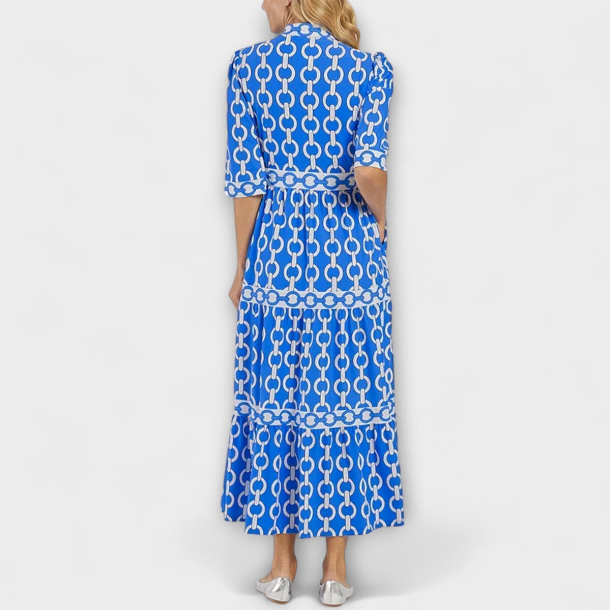 Collared Button Front Chain Print Three-Quarter Sleeve Tiered Maxi Dress