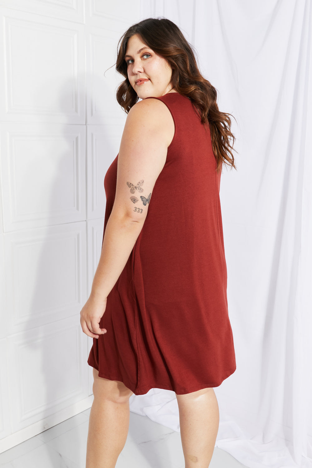 Dark Rust Round Neck Sleeveless Pocket Flowy Swing Mini Dress