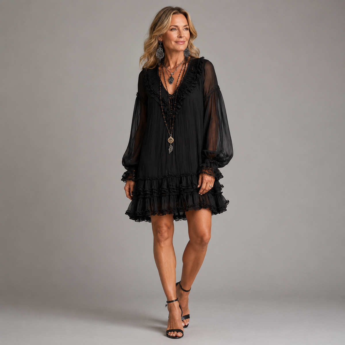 Ruffle V-Neck Sheer Bishop Sleeve Tiered Boho Mini Dress