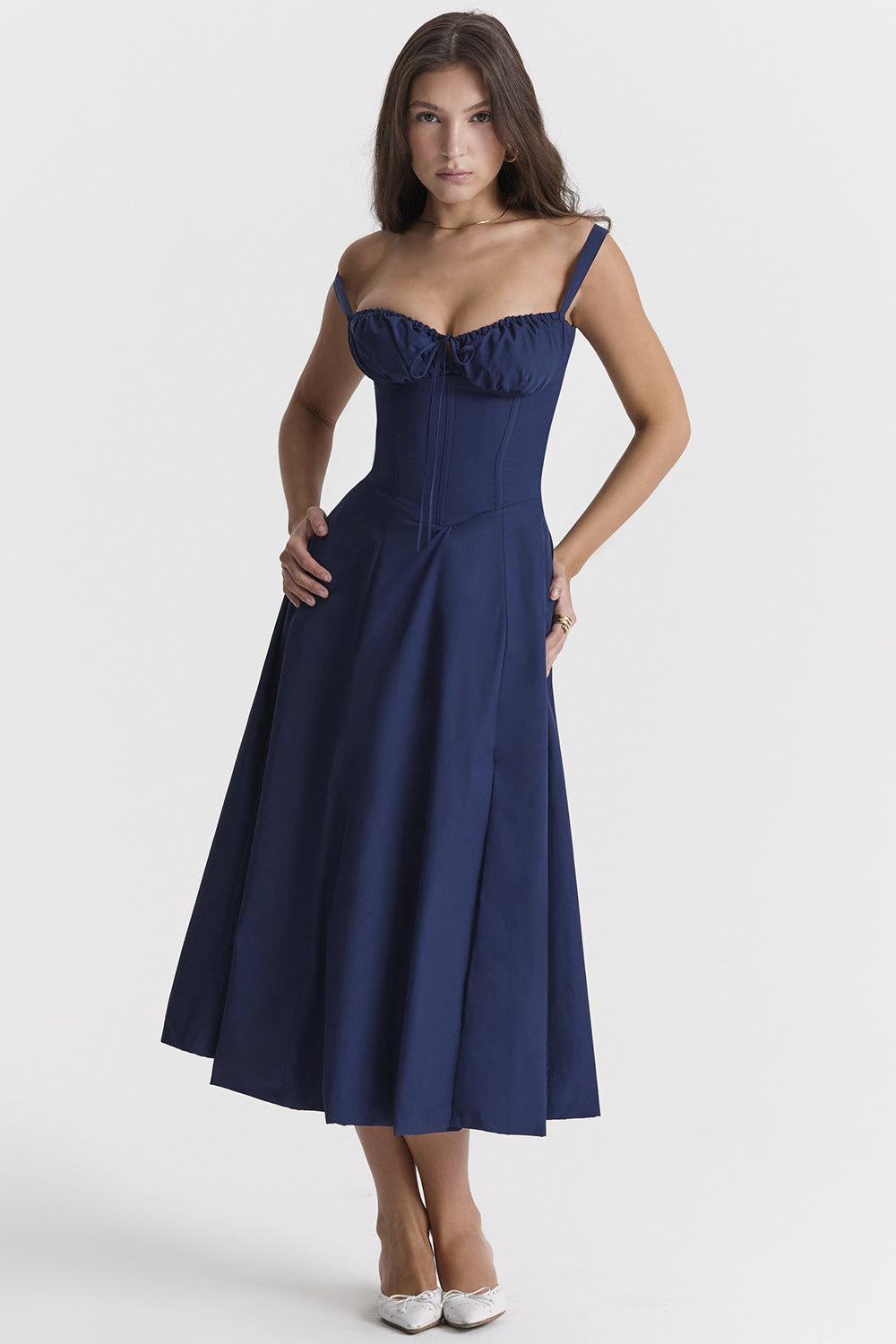 Corset Bodice Ruched Bust Tie-Front Flared Strap Midi Dress 3