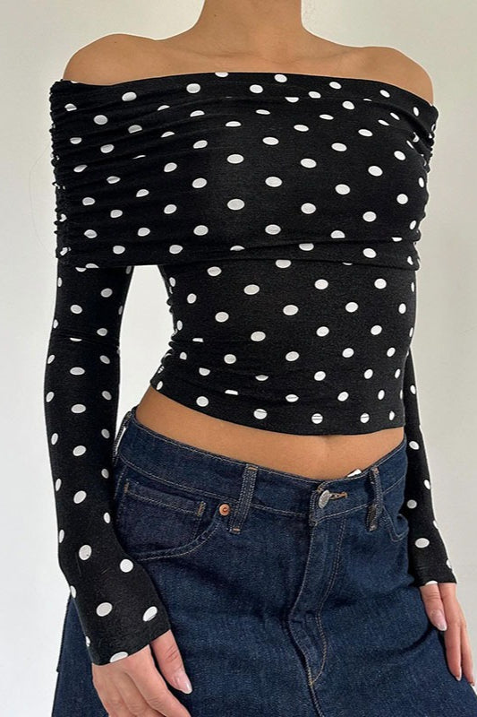 Polka Dot Color Block OffShoulder Crop Top