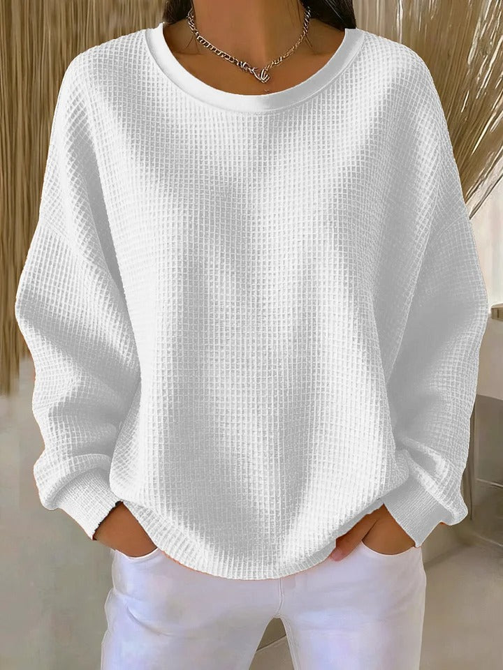Round Neck Waffle Knit Long Sleeve Drop Shoulder Sweater 5