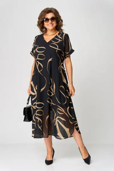 V-Neck Short Sleeve Abstract Print Chiffon A-Line Midi Dress