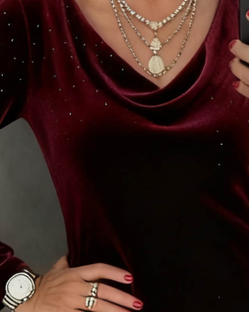 Red Cowl Neck Long Sleeve Rhinestone Velvet Bodycon Midi Dress 2