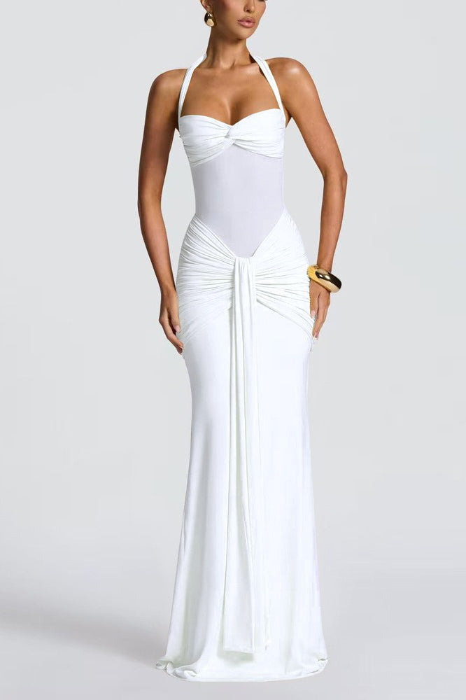 Ruched Halter Drape Tie Curve Long Slip Dress