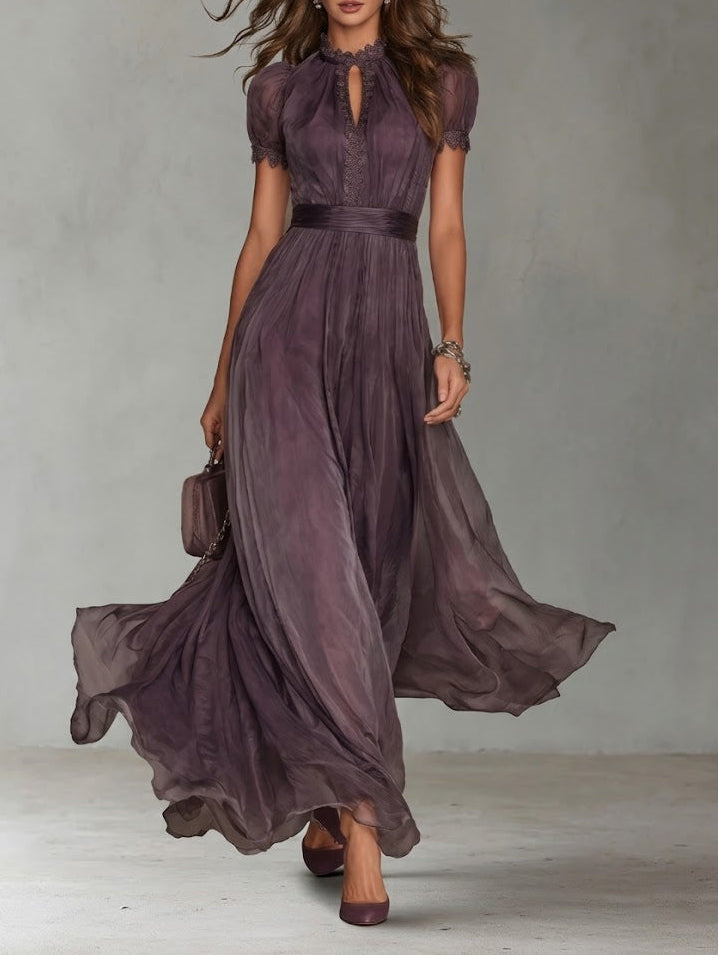Purple Mock Neck Keyhole Lace Trim Puff Sleeve Flowing Maxi Dress