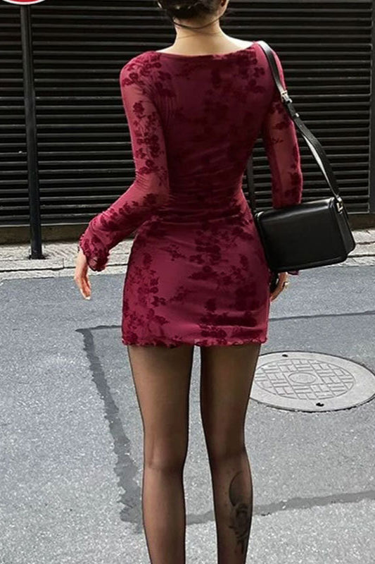 Red Mesh Floral Long Sleeve Bodycon Dress 2
