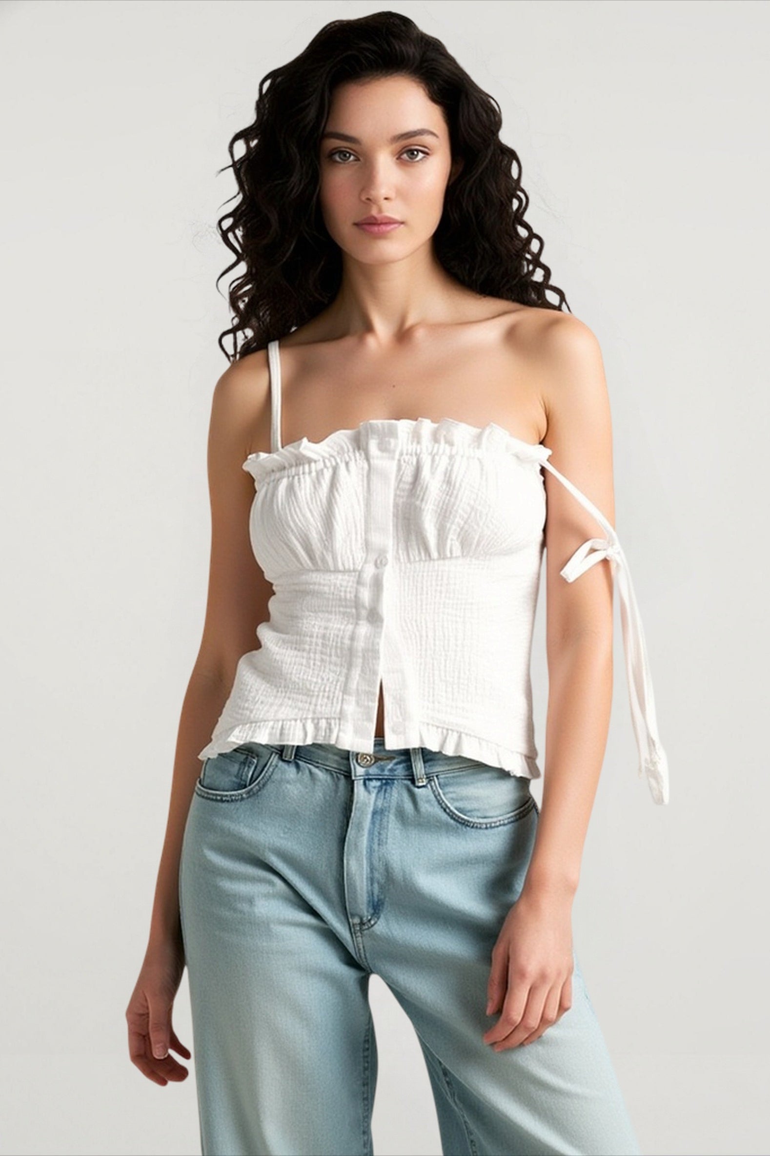 White ruffle strapless cami top