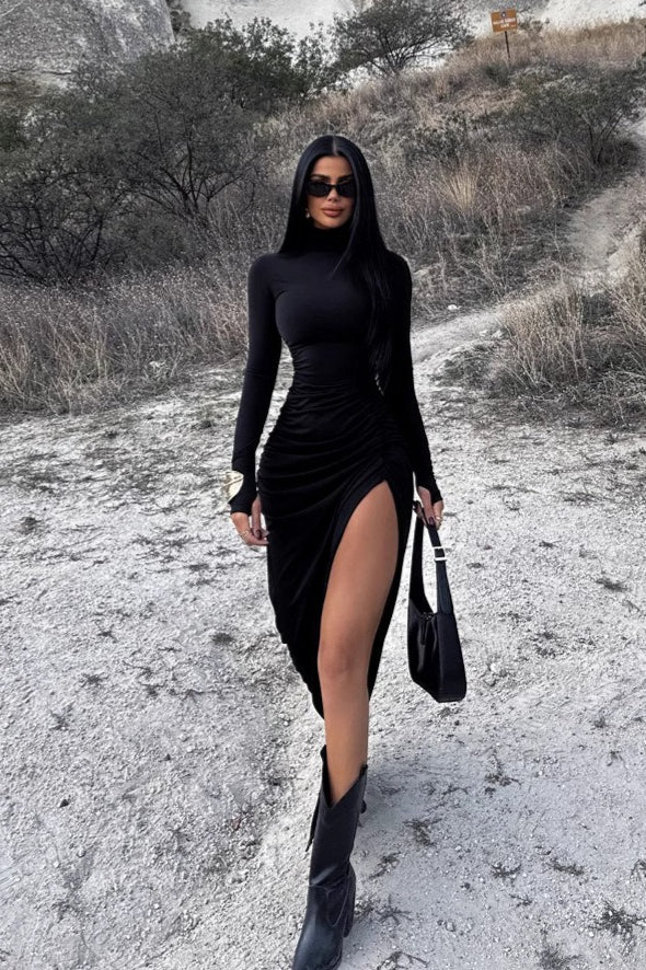 Ruched Mock Neck LongSleeve Work Dress