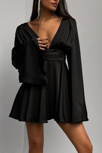 Satin Deep V Backless FlareSleeve Silk Dress