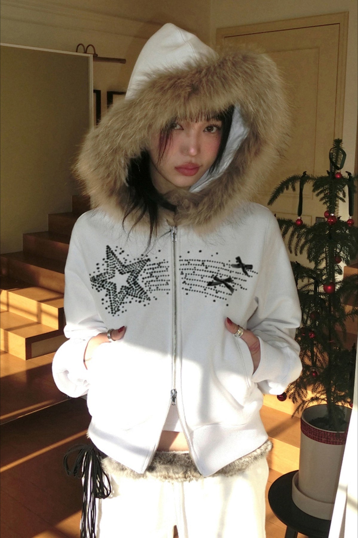 Retro Fuzzy Panel Velvet Zip-Up Hoodie