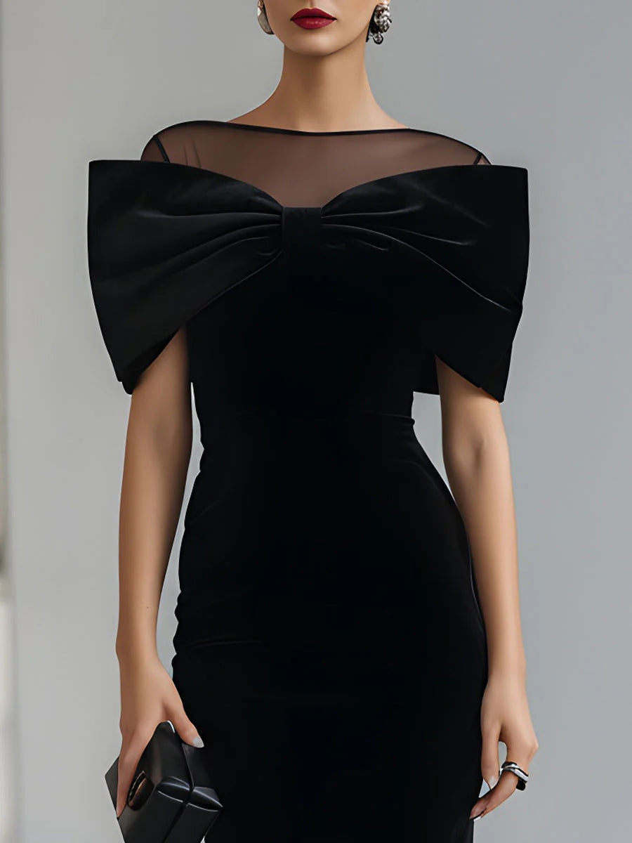 Black Round Neck Velvet Mesh Illusion Bow Front Bodycon Midi Dress 3