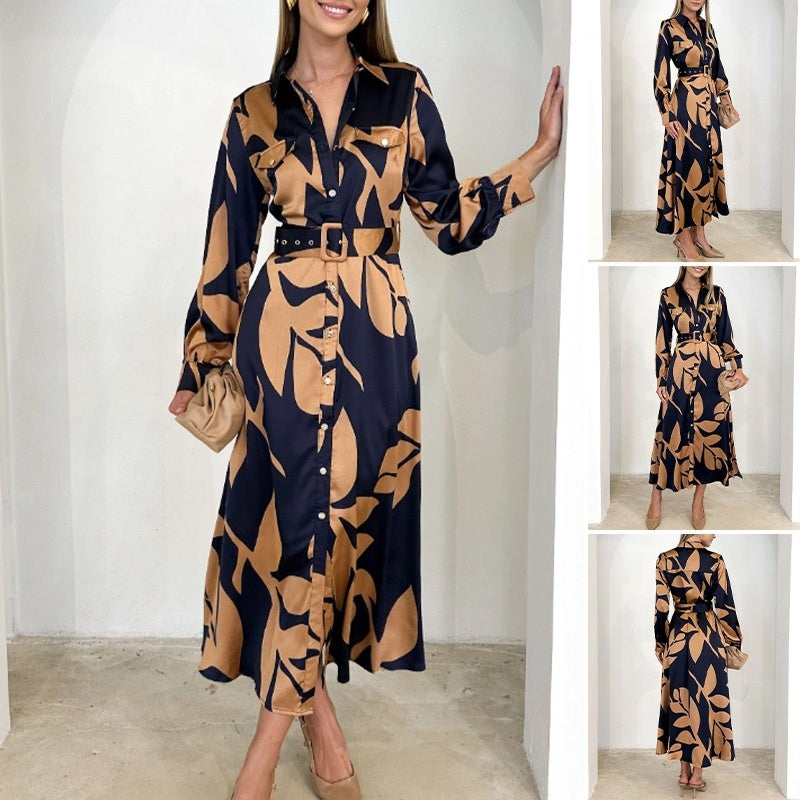 Collared Button Front Long Sleeve Leaf Print Belted Shirt Maxi Dress