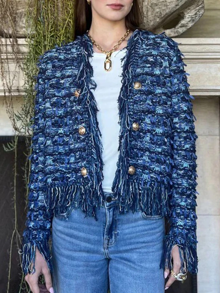 Fringe Trim Tweed Gold Button Cropped Jacket 3