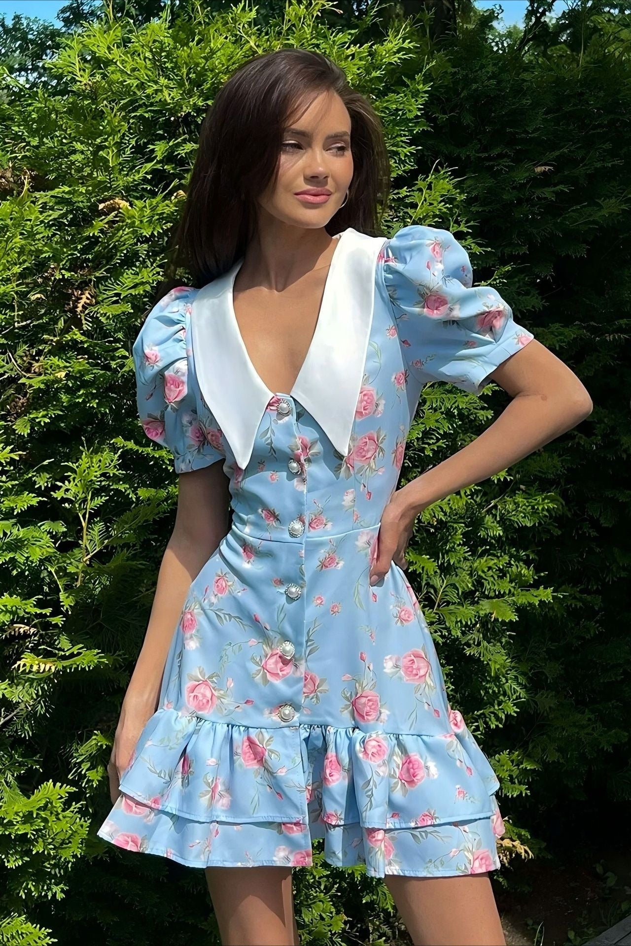 Romantic V Neck Puff Sleeve Ruffle Waist Short Floral Dress