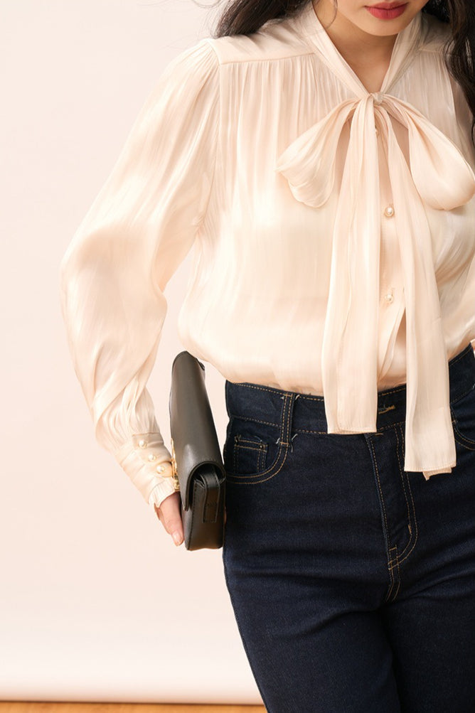 Shiny Ribbon-Tie Elegant Romantic Blouse