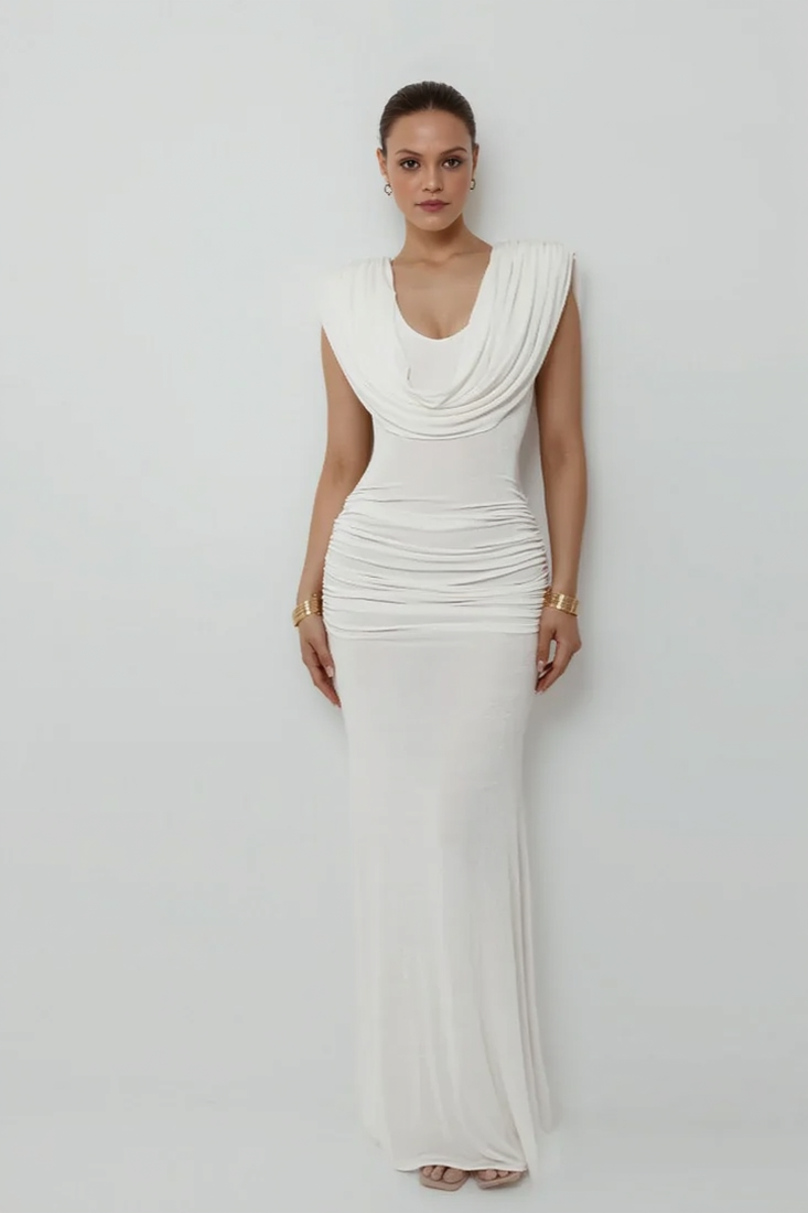Solid Cowl Neck Ruched Waist Cinch Party Dress