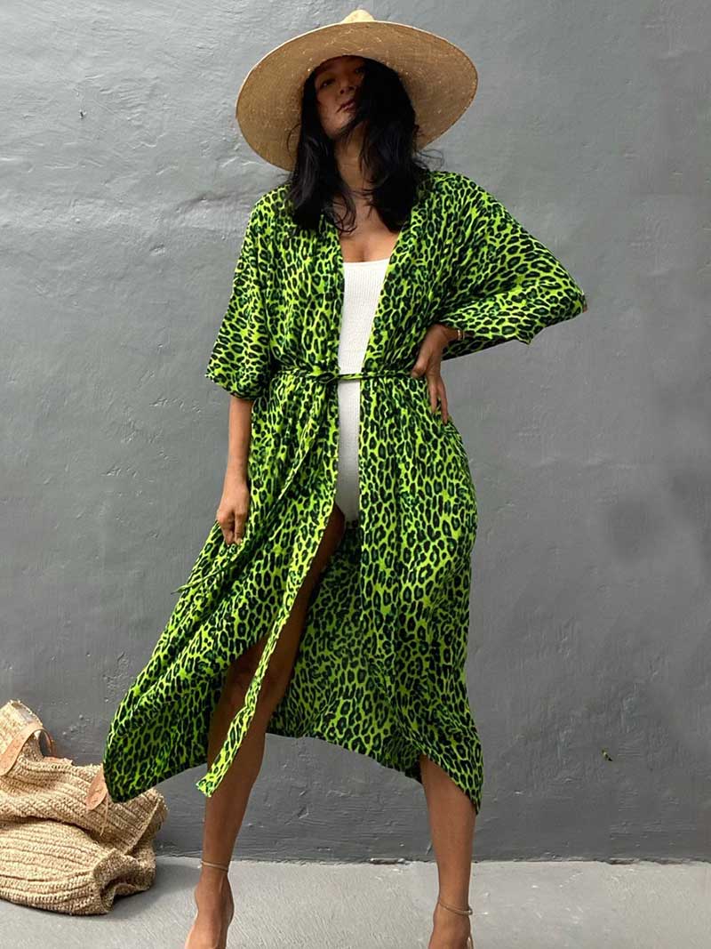 Tie-Dye Print Belted Short Sleeve Long Kimono Duster Robe 17