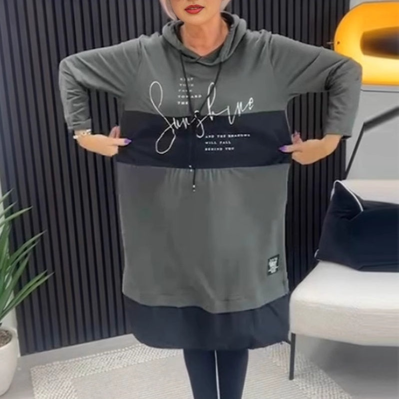 Hooded Drawstring Letter Print Oversized Cocoon Sweatshirt Dress