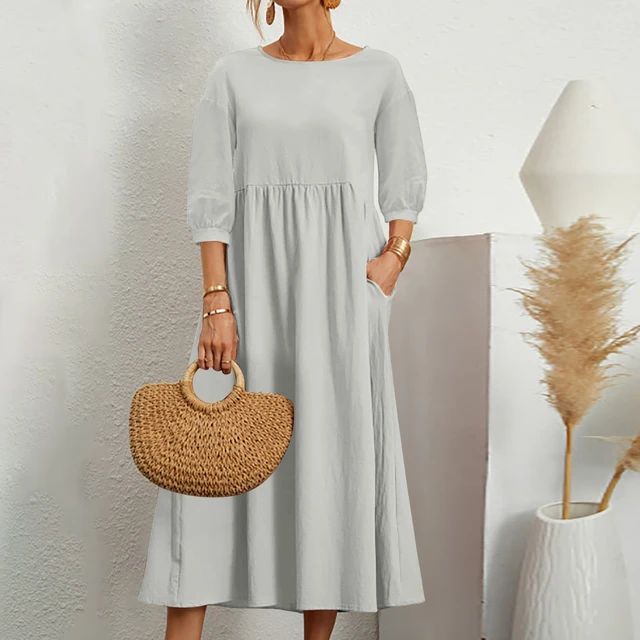 Round Neck Three Quarter Sleeve Babydoll Pocket Midi Dress 5