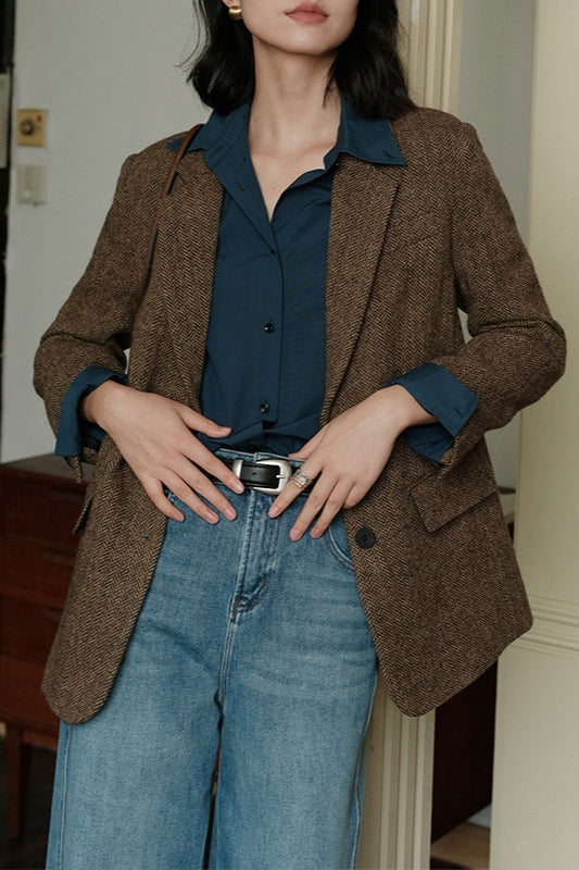 Herringbone Wool Blend Relaxed Blazer