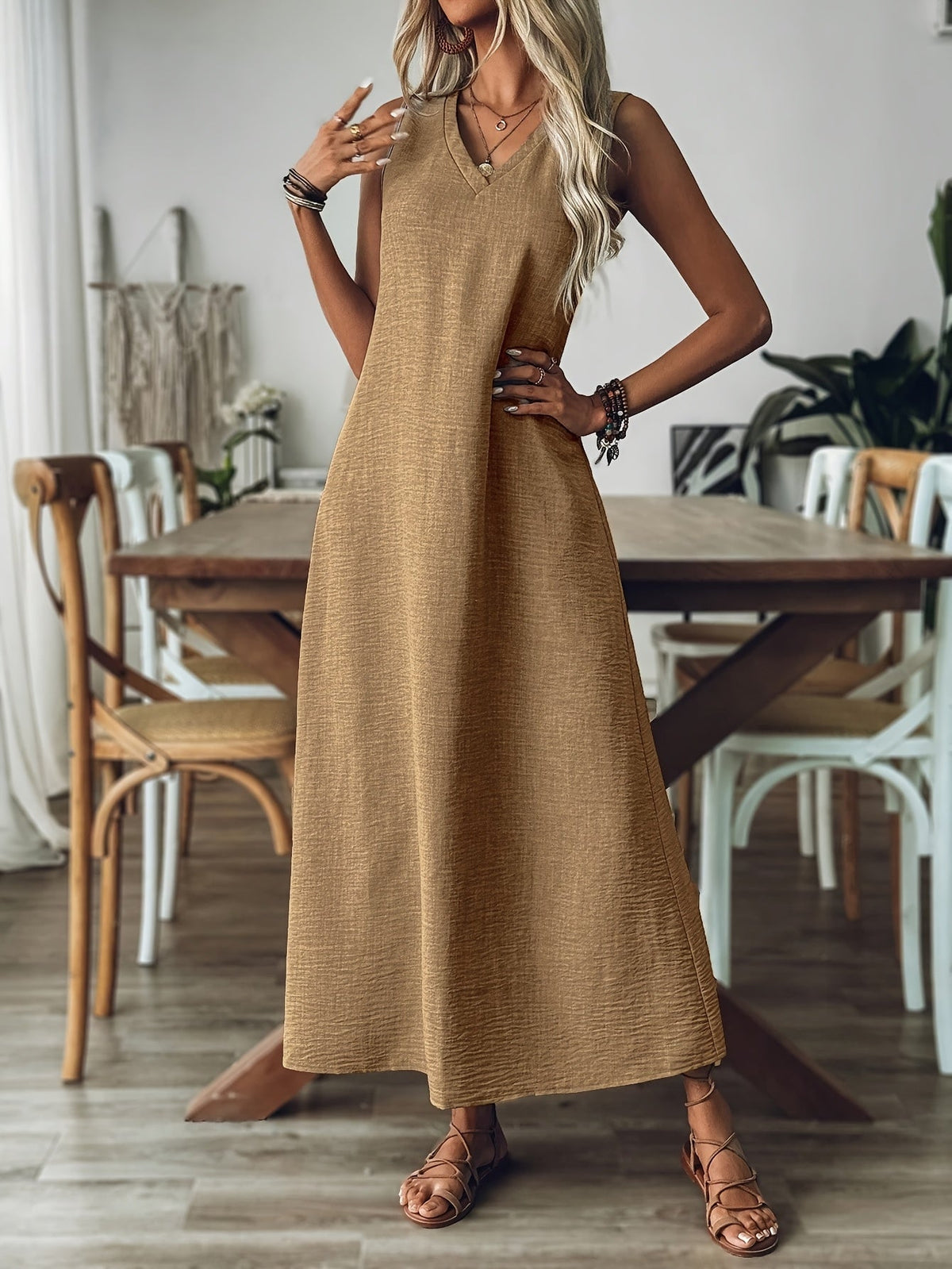 V-Neck Sleeveless Textured Linen A-Line Maxi Dress 8