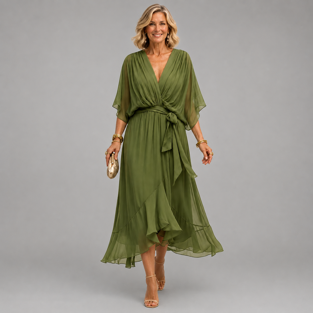 V-Neck Wrap Chiffon Dolman Sleeve Belted Ruffle Hem Midi Dress