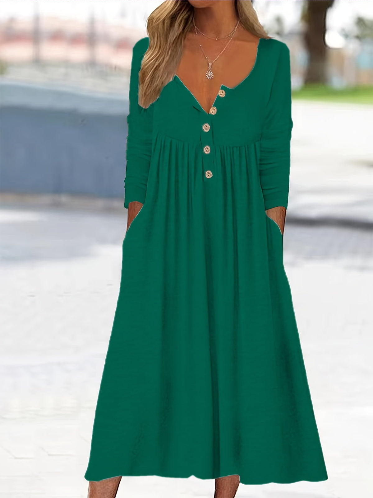 Henley Neck Button Front Long Sleeve Pocket A-Line Midi Dress