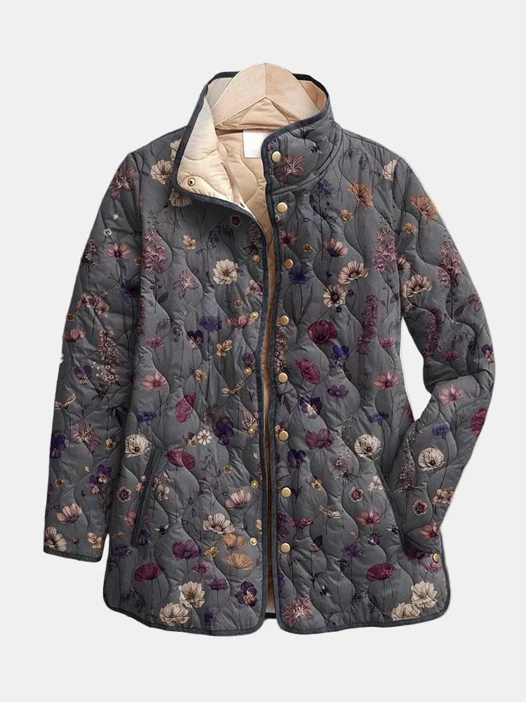 Multicolour Stand Collar Wildflower Floral Print Quilted Button Jacket
