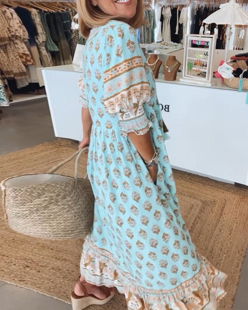 Split V-Neck Boho Border Print Ruffle Sleeve Tiered A-Line Midi Dress