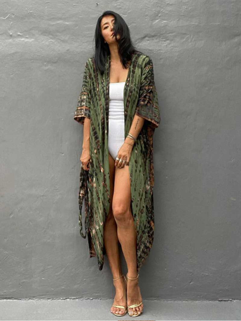 Tie-Dye Stripe Print Open Front Long Kimono Duster Robe 10