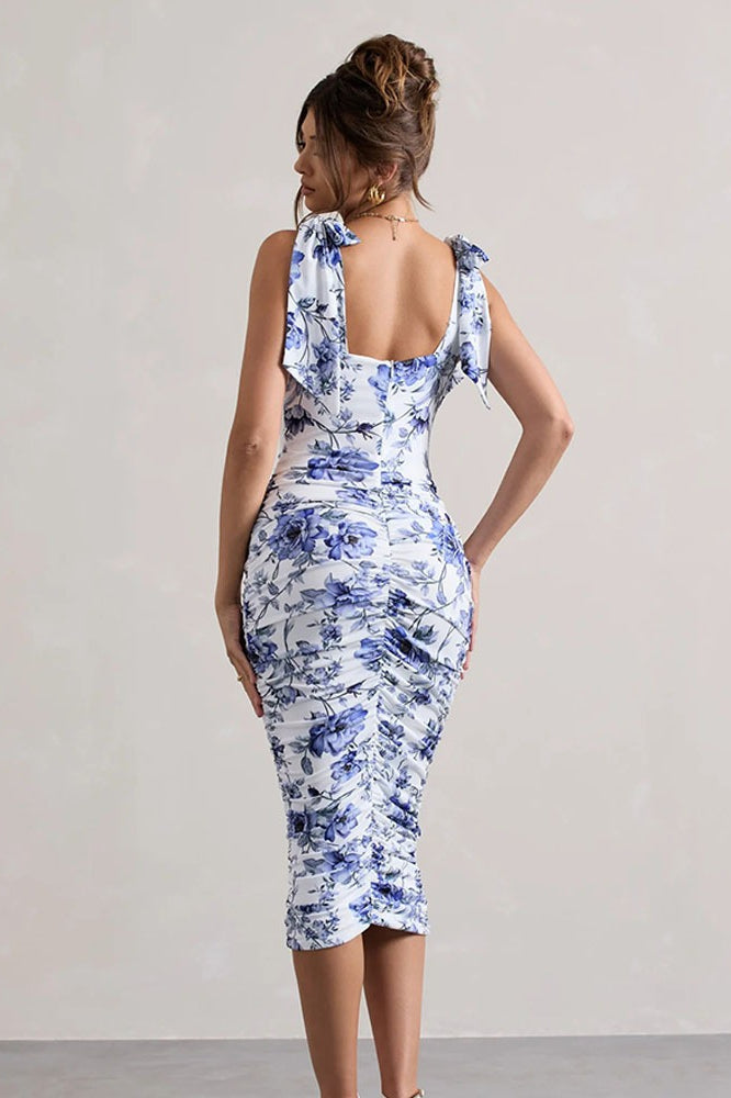 Vintage Print Ruched Midi Dress